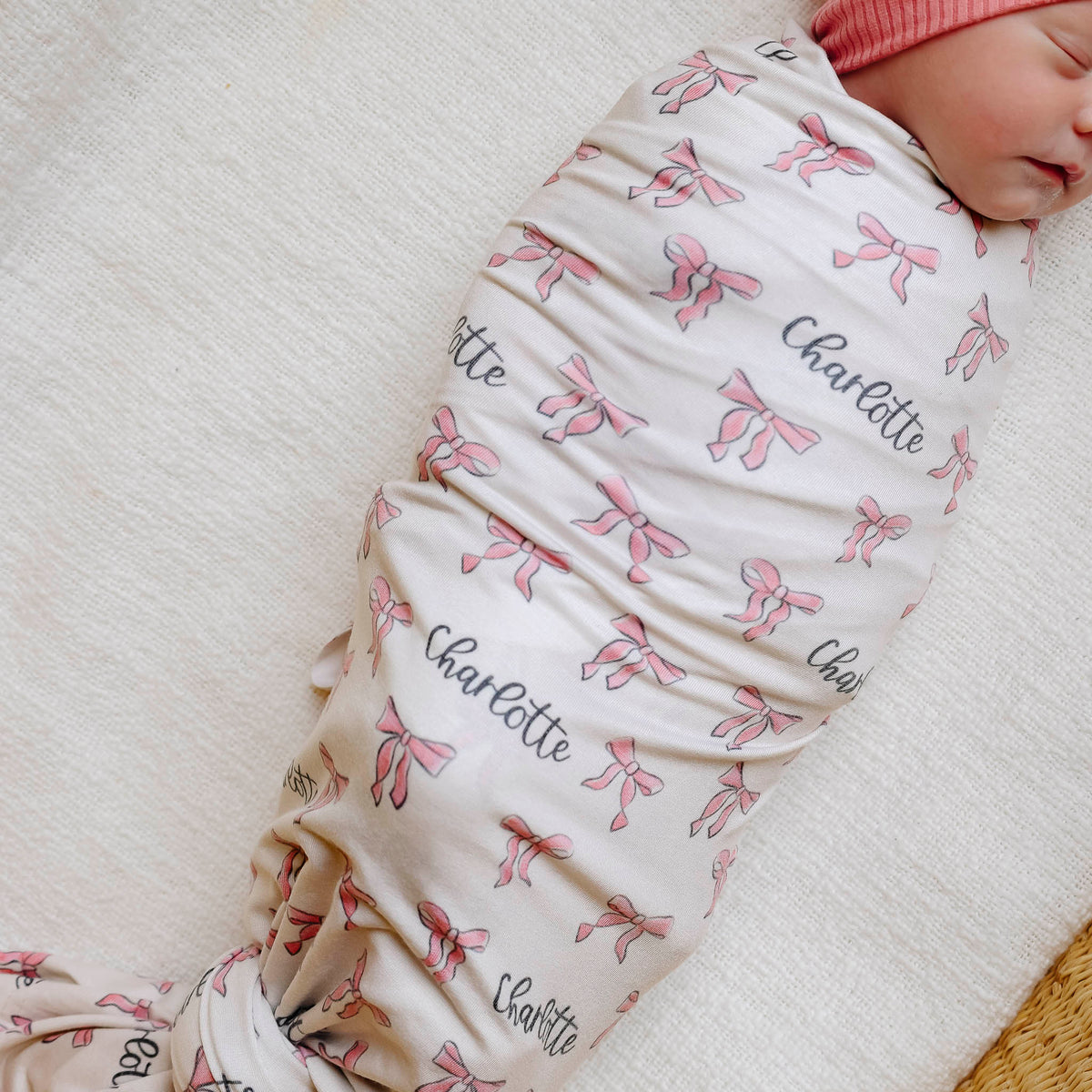 Personalized Baby Name Swaddle Blanket - Pink Bows