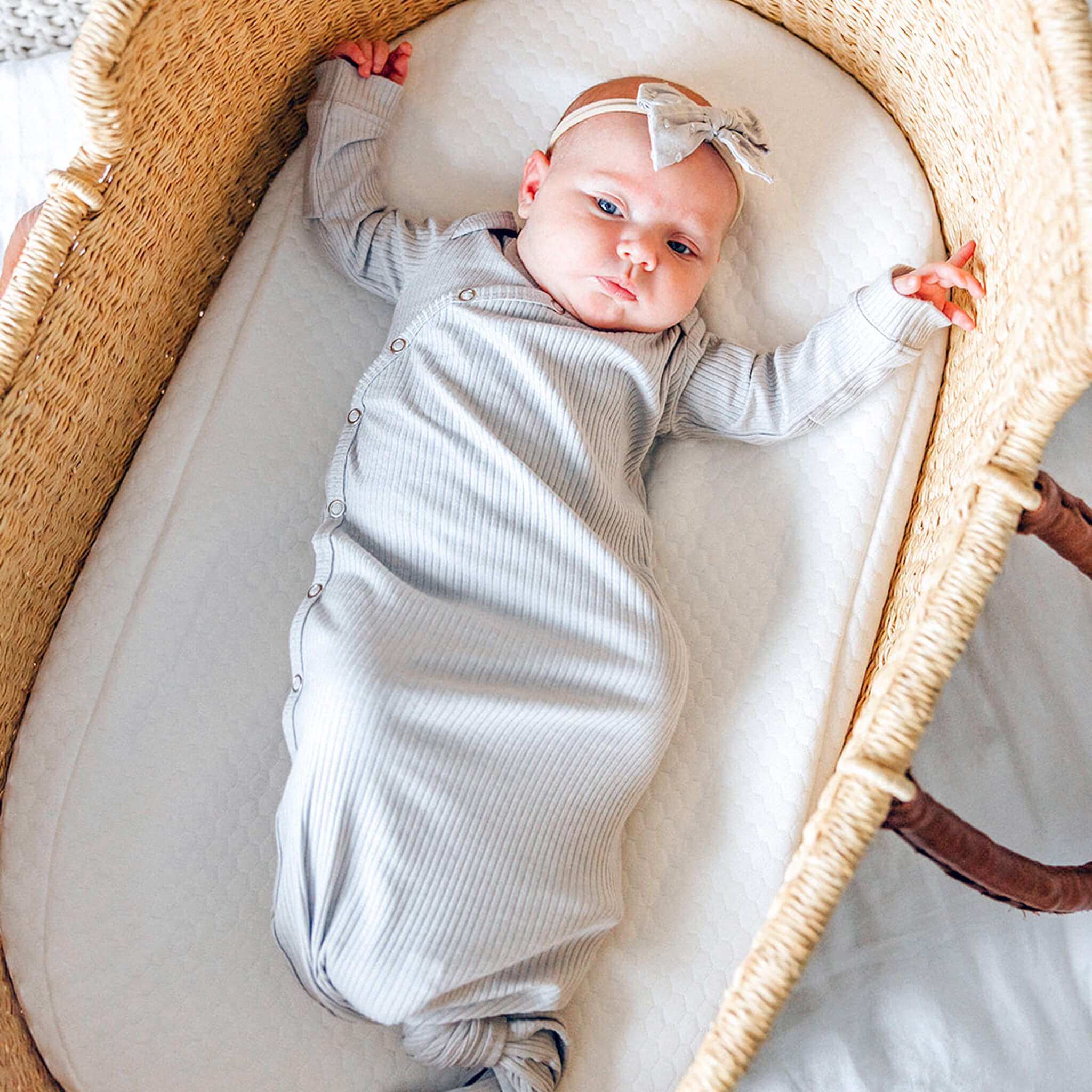 Rib Knit Newborn Knotted Gown - Ash