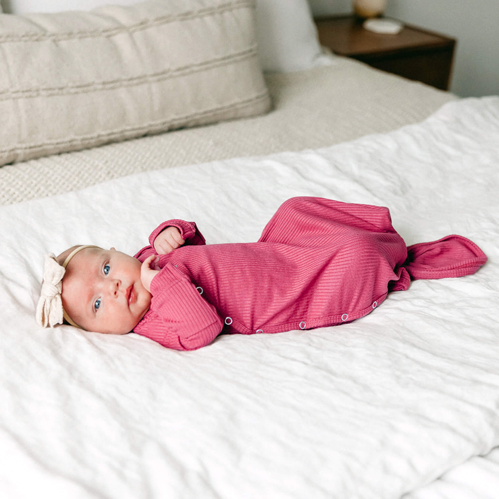 Rib Knit Newborn Knotted Gown - Berry
