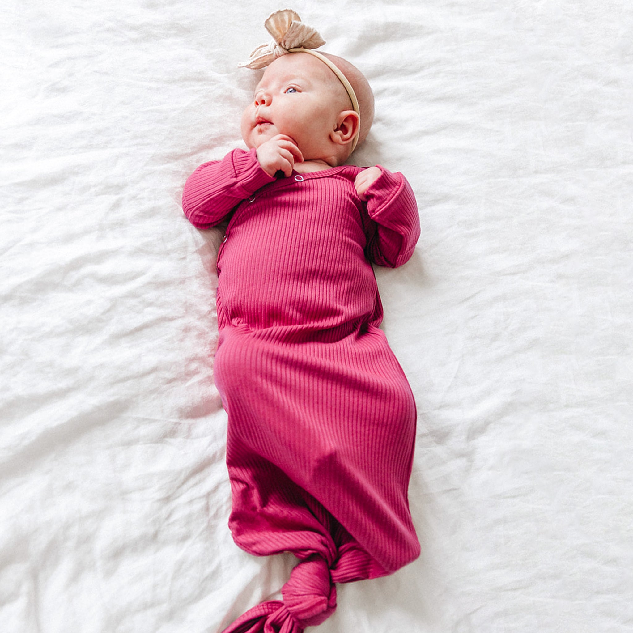 Rib Knit Newborn Knotted Gown - Berry