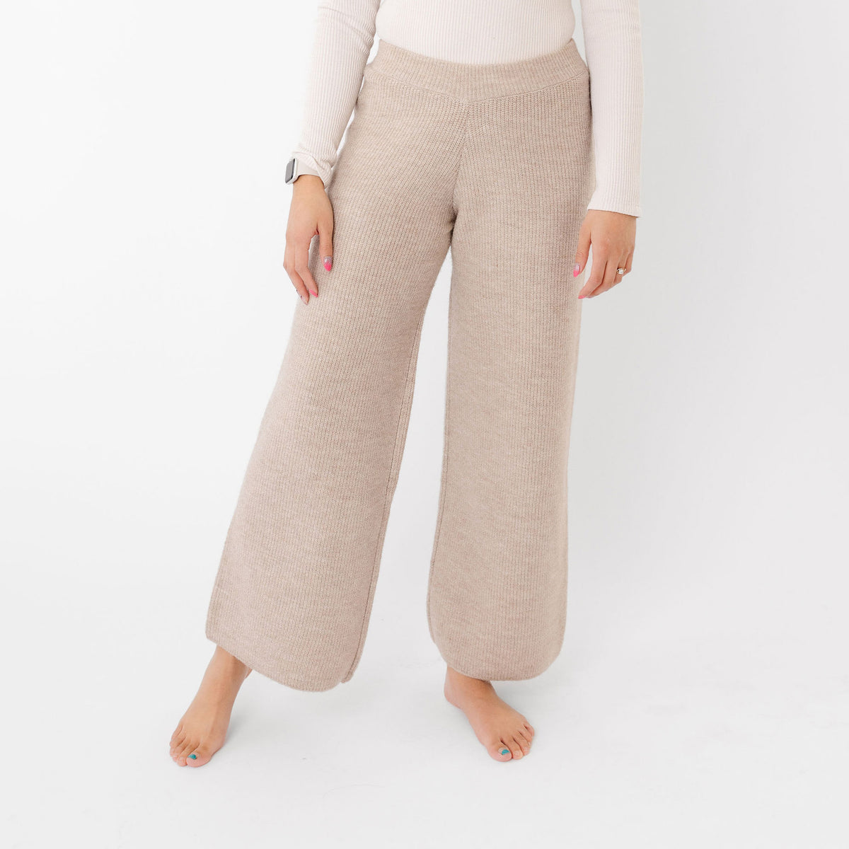 A. Peach Cable Knit Wide Leg Pant - Women's Pants in Oatmeal