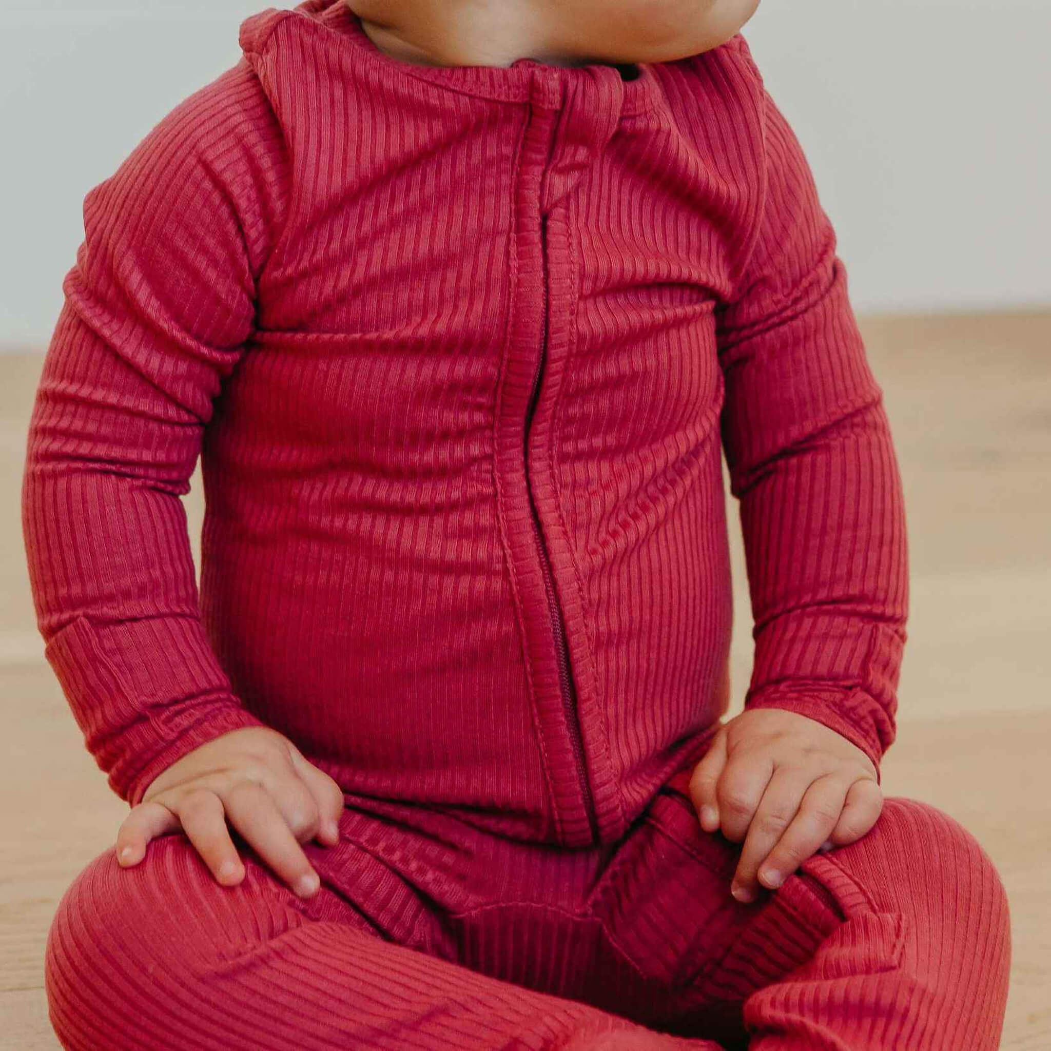 Rib Knit Zip-Up Footie Pajama - Berry